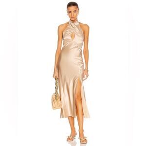 Nicholas Silk Halter Midi Dress Open Back Leg Slit Beige Size 4 Quiet Luxury